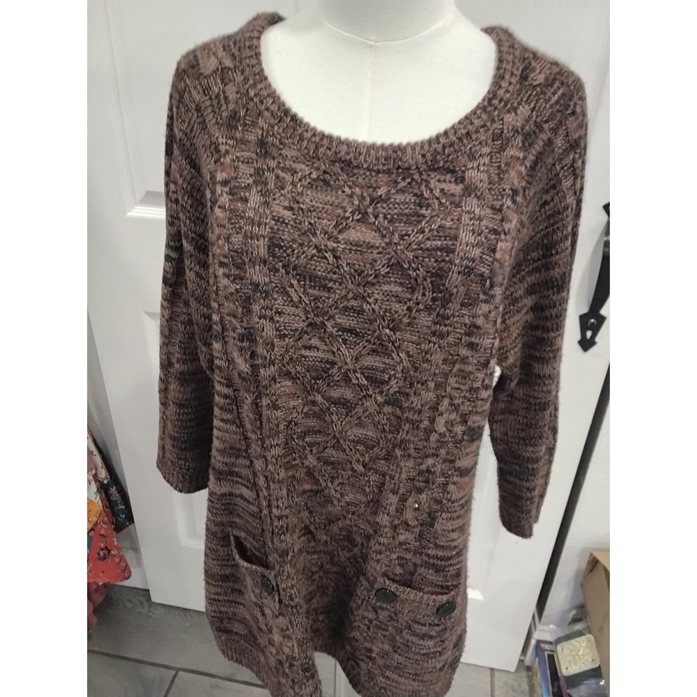 Effeci Brown Cable Knit Tunic Sweater Womens XL Space Dye Pockets 3/4 Sleeve